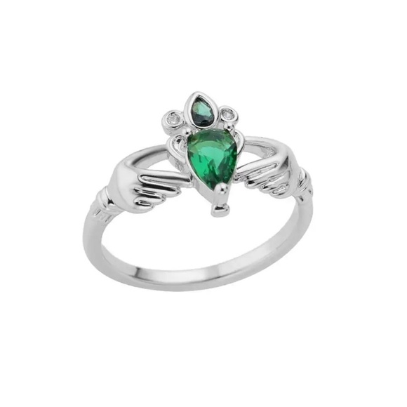Moon Goddess Emporium Jewelry - ⭐️NEW⭐️ 18K White Gold Women’s Unique Celtic Irish Claddagh Ring With Emerald